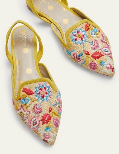 BODEN Raffia Embroidered Flats – Natural / floral slingbacks / women’s flat pointed toe shoes - flipped