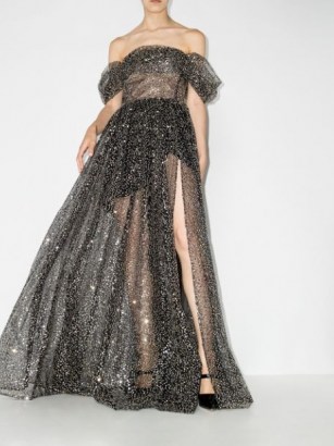 RASARIO off shoulder ruched gown ~ black sequinned semi sheer bardot gowns ~ evening event glamour