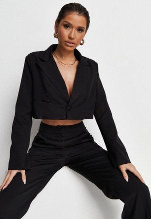 MISSGUIDED recycled black co ord tailored cropped blazer ~ womens on trend crop hem blazers ~ women’s fashionable jackets - flipped