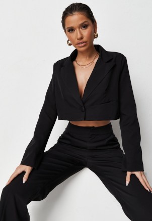 MISSGUIDED recycled black co ord tailored cropped blazer ~ womens on trend crop hem blazers ~ women’s fashionable jackets