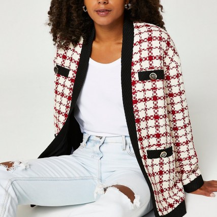 RIVER ISLAND Red check boucle jacket / womens checked tweed style jackets - flipped