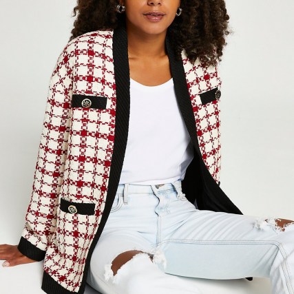 RIVER ISLAND Red check boucle jacket / womens checked tweed style jackets