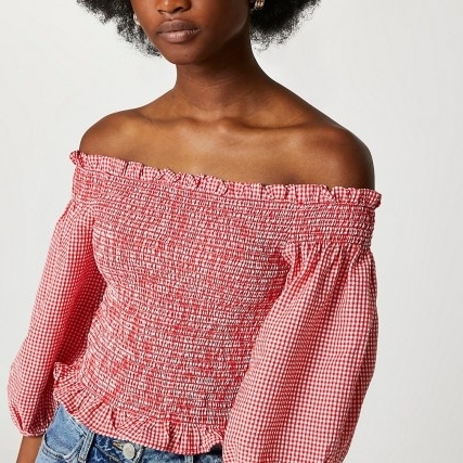 RIVER ISLAND Red gingham shirred bardot top ~ check print off the shoulder peasant tops - flipped