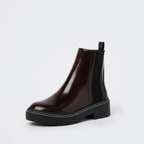 RIVER ISLAND Red panelled stitched detail patent boots ~ womens chunky sole chelsea boot - flipped