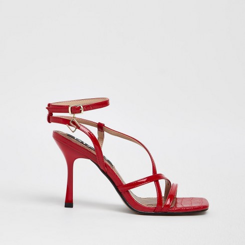 RIVER ISLAND Red snake embossed strappy sandals – multi strap stiletto heels - flipped