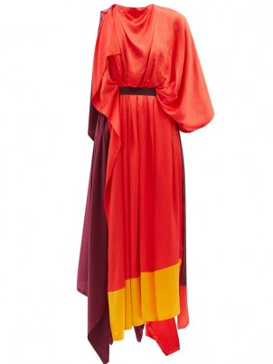ROKSANDA Yerba asymmetric colour-block silk-satin dress ~ one sleeve colourblock handkerchief hem maxi dresses - flipped