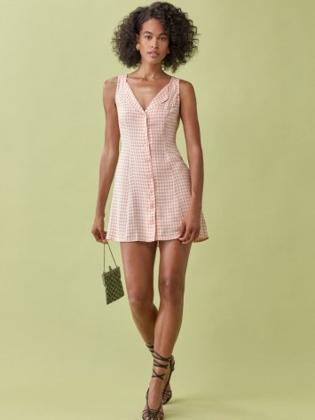 REFORMATION Rilynn Dress Blush Check ~ front button, slim fitting throughout the bodice with a slightly flared skirt ~ light pink checked mini dresses ~ womens summer fashion