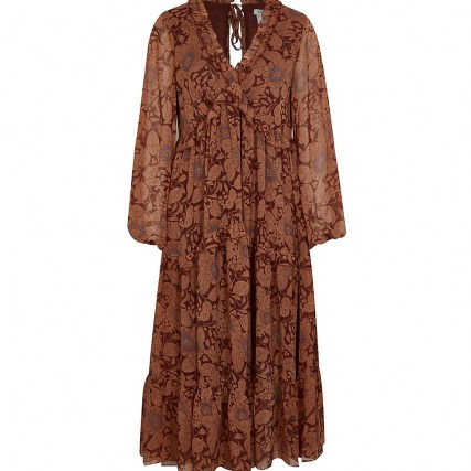 RIVER ISLAND Rust floral ruffle detail smock midi dress ~ floaty boho dresses ~ ruffled bohemian fashion