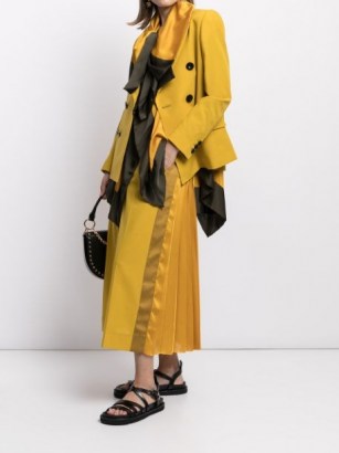 Sacai panelled-pleat midi skirt mustard yellow | chic back pleated skirts - flipped