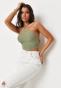 MISSGUIDED sage crochet hankerchief knit top ~ womens vintage style knitted tops ~ retro halterneck fashion ~ green strappy halter neck
