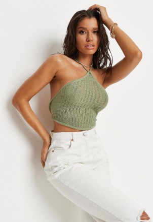 MISSGUIDED sage crochet hankerchief knit top ~ womens vintage style knitted tops ~ retro halterneck fashion ~ green strappy halter neck - flipped
