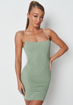 MISSGUIDED sage rib pearl cami knit mini dress ~ green going out dresses - flipped