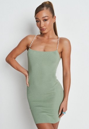 MISSGUIDED sage rib pearl cami knit mini dress ~ green going out dresses