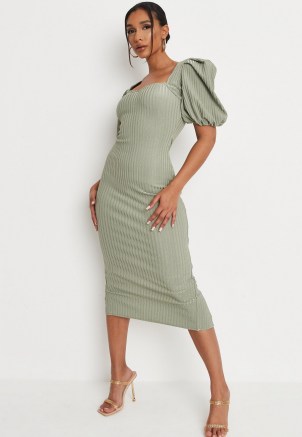 MISSGUIDED sage rib puff sleeve bandage midaxi dress ~ green fitted sweetheart neckline dresses - flipped