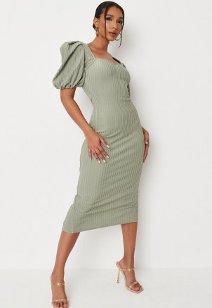 MISSGUIDED sage rib puff sleeve bandage midaxi dress ~ green fitted sweetheart neckline dresses