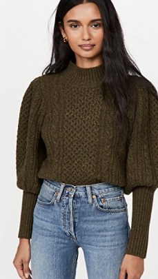 Sea Juliette Cable Stitch Sweater Army | dark green balloon sleeve cable knit jumpers - flipped