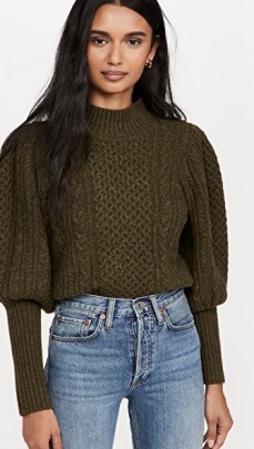 Sea Juliette Cable Stitch Sweater Army | dark green balloon sleeve cable knit jumpers