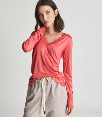 REISS SELENA JERSEY V-NECK TOP CORAL ~ women’s essential long sleeve tops - flipped