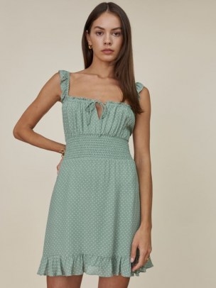 REFORMATION Silvia Dress in Verine / sleeveless polka dot print ruffle trim dresses / smocked waist