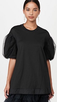 Simone Rocha A-Line T-Shirt with Tulle Overlay Sleeve Black | romantic puff sleeve tee | womens feminine t shirts - flipped