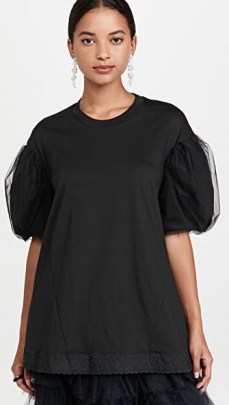 Simone Rocha A-Line T-Shirt with Tulle Overlay Sleeve Black | romantic puff sleeve tee | womens feminine t shirts