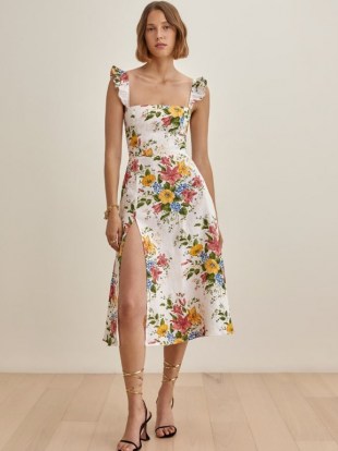 REFORMATION Spaulding Linen Dress in Chantilly / floral square neck ruffle trim dresses / thigh high split - flipped