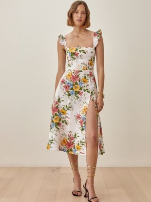 REFORMATION Spaulding Linen Dress in Chantilly / floral square neck ruffle trim dresses / thigh high split