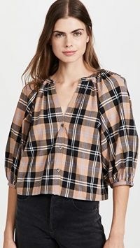 STAUD New Dill Top Camel Plaid | womens checked puff sleeve tops | women’s neutral button up shirts