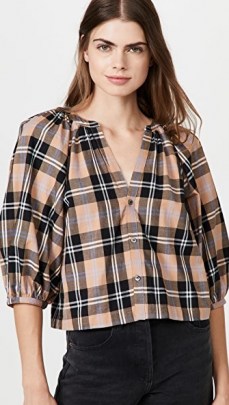 STAUD New Dill Top Camel Plaid | womens checked puff sleeve tops | women’s neutral button up shirts - flipped