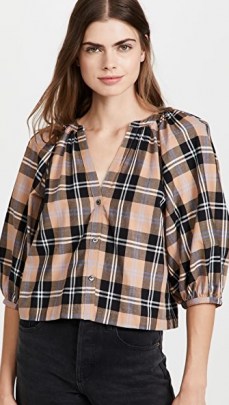 STAUD New Dill Top Camel Plaid | womens checked puff sleeve tops | women’s neutral button up shirts