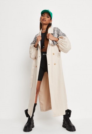 MISSGUIDED stone check mix balloon sleeve trench coat ~ longline belted coats ~ womens on trend outerwear - flipped