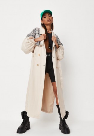 MISSGUIDED stone check mix balloon sleeve trench coat ~ longline belted coats ~ womens on trend outerwear
