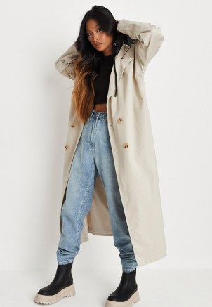 MISSGUIDED stone faux leather hooded trench coat ~ womens fashionable longline coats - flipped