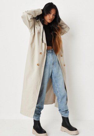 MISSGUIDED stone faux leather hooded trench coat ~ womens fashionable longline coats