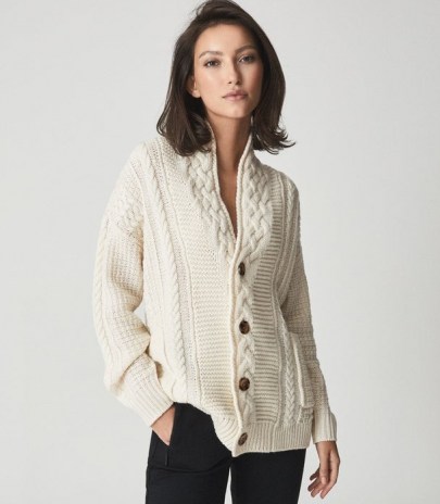 Reiss SUMMER SHAWL COLLAR CARDIGAN CREAM | womens chic neutral cable knit cardigans | effortless casual style - flipped