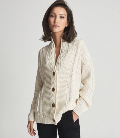 Reiss SUMMER SHAWL COLLAR CARDIGAN CREAM | womens chic neutral cable knit cardigans | effortless casual style
