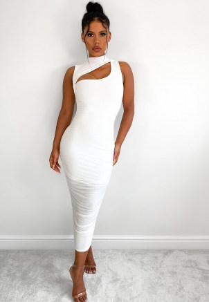 MISSGUIDED tall white slinky high neck cut out midaxi dress ~ glamorous going out dresses ~ on trend evening glamour - flipped