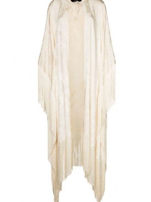 Taller Marmo ivory tassel-trim fringed jacquard cape ~ longline tasseled evening capes ~ womens luxe event outerwear - flipped