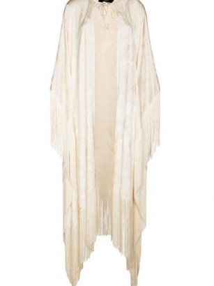Taller Marmo ivory tassel-trim fringed jacquard cape ~ longline tasseled evening capes ~ womens luxe event outerwear