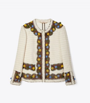 TORY BURCH TWEED JACKET NEW IVORY / textured floral hand-crochet trim jackets / womens chic outerwear / frayed edge