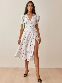 REFORMATION Veronika Linen Dress in Fruit Loops / puff sleeve summer wrap dresses / tie waist