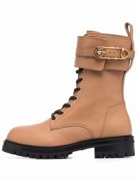 Versace Safety Pin leather boots in caramel ~ womens light brown designer military style lace up boot