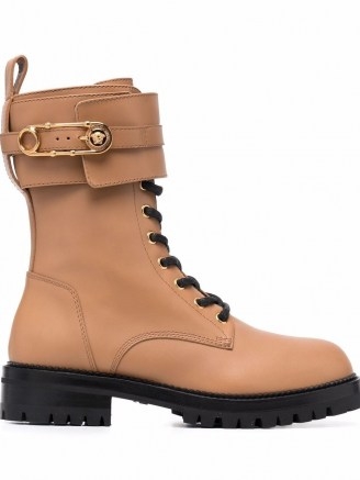 Versace Safety Pin leather boots in caramel ~ womens light brown designer military style lace up boot - flipped