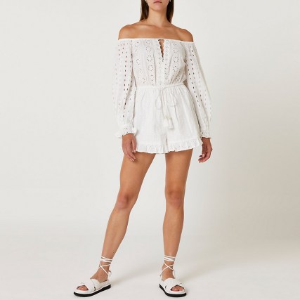 River Island White broderie playsuit | womens cotton off the shoulder summer playsuits - flipped