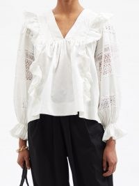 LUG VON SIGA Carla white lace-panel gathered cotton blouse ~ romantic ruffled bogo blouses ~ feminine bohemian fashion