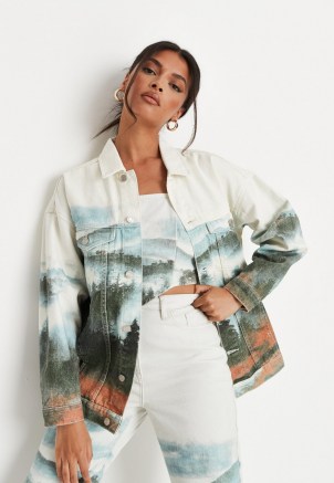 MISSGUIDED white co ord landscape print oversized denim jacket ~ womens casual prinded jackets - flipped