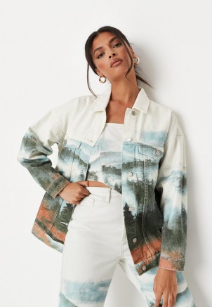 MISSGUIDED white co ord landscape print oversized denim jacket ~ womens casual prinded jackets