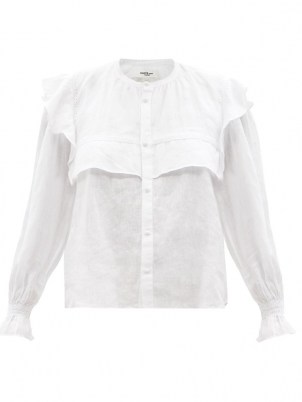 ISABEL MARANT ÉTOILE Elatedy ruffled-shoulder white linen blouse ~ feminine ruffle trim blouses - flipped