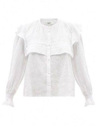 ISABEL MARANT ÉTOILE Elatedy ruffled-shoulder white linen blouse ~ feminine ruffle trim blouses