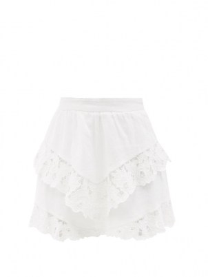 ISABEL MARANT ÉTOILE Enali floral-embroidered white linen mini skirt ~ feminine tiered lace trim summer skirts - flipped
